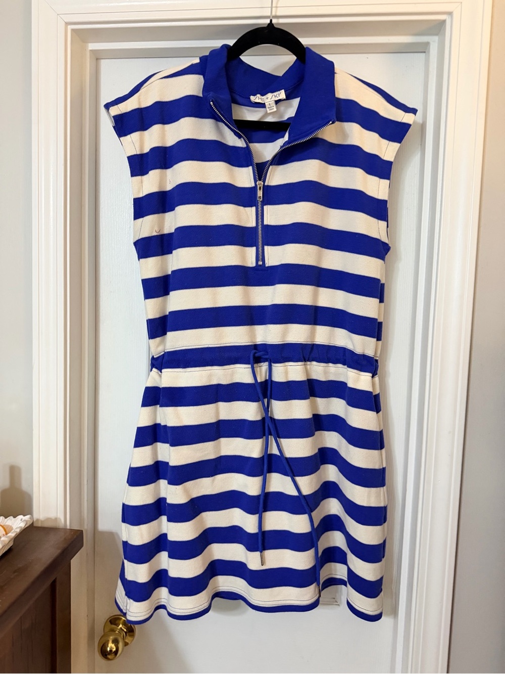 Blue and White Striped Sleeveless Zip-Front Mini Dress